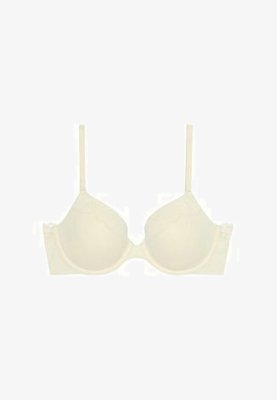 Soutien-gorge rembourré crème avec bretelles fines réglables et armatures, conçu pour un usage quotidien.