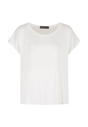 Bílá krátký rukáv, volný střih trička s kulatým výstřihem a štítkem značky Cloud Sive uvnitř límce.