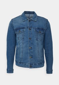 Blauwe spijkerjas met knoopsluiting, twee borstzakken en een spitse kraag. Klassiek ontwerp met een licht vervaagde textuur.