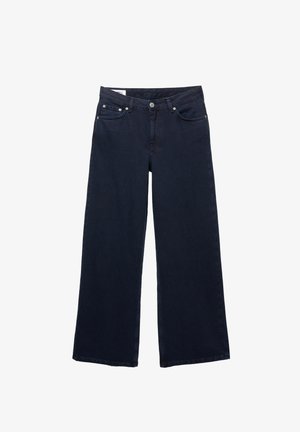 Dark blue wide-leg denim jeans with front button, zipper, belt loops, and five pockets, laid flat on white background.