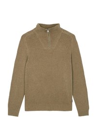 Un pull en tricot beige avec un col montant, une demi-fermeture éclair et des poignets côtelés. Le tissu a une texture douce et un motif uni.