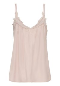 Šviesiai rožinė palaidinė be rankovių su nėrinių apdaila, reguliuojamos siaurų petnešėlių ir šiek tiek surinkta po apykakle.