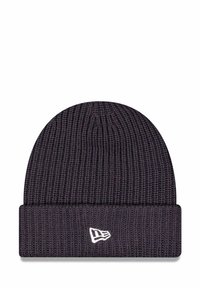 Dunkelgraue Strickmütze mit umgeschlagenem Saum, vorne mit einem kleinen weißen Logo. Strukturierter Rippmuster auf der gesamten Mütze.