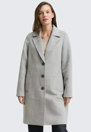 Cappotto in lana grigio chiaro con colletto a punte, chiusura con bottoni a vista e tasche laterali. Il design è morbido e di lunghezza media.