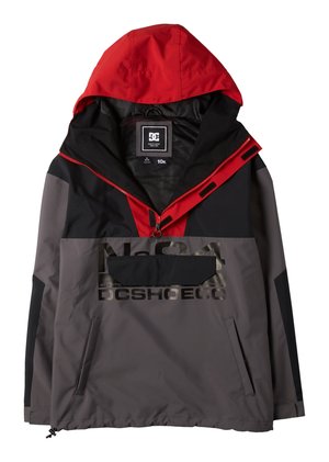 Men's hooded jacket in shades of gray and red. Features waterproof material, large front logo, side pockets, and adjustable hood.