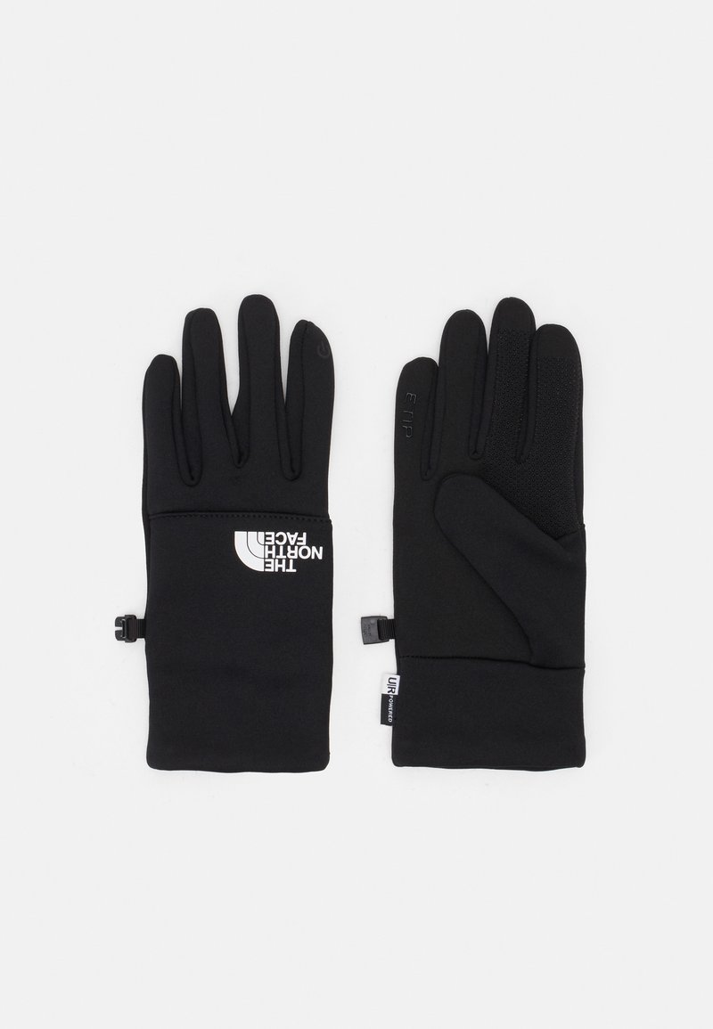Black gloves featuring a sleek design, stretchy fabric, textured palm for grip, and a logo. Adjustable wrist strap for secure fit.