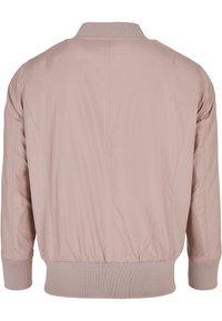 Light pink bomber jacket with ribbed collar, cuffs, and hem, featuring textured side panels and back seam detailing.