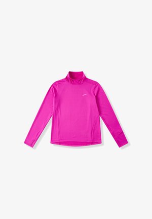 Rosa langärmliges Sportoberteil mit Stehkragen. Hergestellt aus glattem, leichtem Stoff, mit einer taillierten Passform und dezentem Branding auf der Brust.