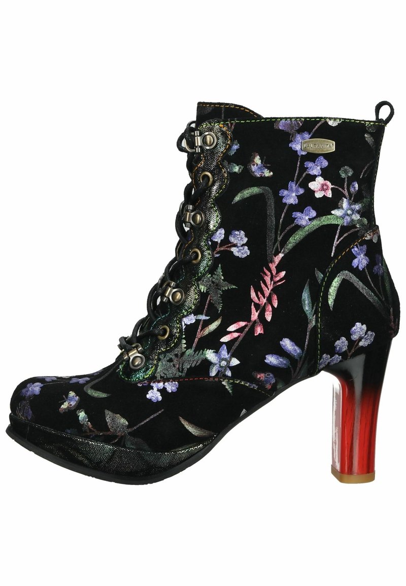 Black high-heeled ankle boot with floral embroidery, lace-up design, textured velvet material, and a transparent red heel.