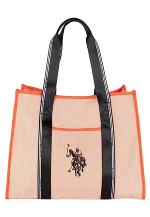 Beige en oranje draagtas met zwarte U.S. Polo Assn. hengsels en geborduurd polospelerlogo op het voorvak.