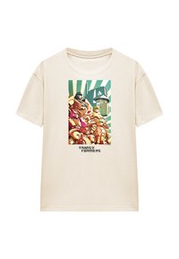 Beige Baumwoll-T-Shirt mit einer bunten Grafik von Robotern aus Transformers, mit kräftigen Linien und einem Sonnenstrahlen-Hintergrund, darunter Text.