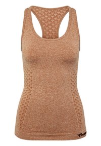 Hnědé atletické tílko s texturovaným vzorem na zádech a bocích. Má kulatý výstřih a střih racerback.