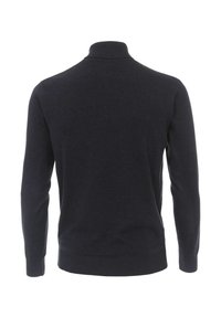 Dunkelblauer Pullover mit hohem Kragen, aus weichem Strickmaterial gefertigt, mit langen Ärmeln und geripptem Saum sowie Bündchen.