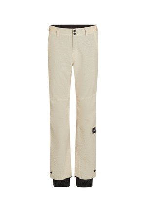 Beige ski pants with a subtle textured pattern, zippered cuffs, and black accents at the hem. Features two buttons at the waist.