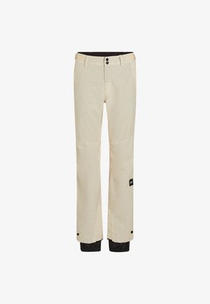 Beige ski pants with a subtle textured pattern, zippered cuffs, and black accents at the hem. Features two buttons at the waist.