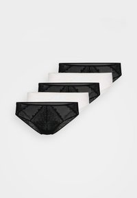 Schwarz-weißes Spitzenunterwäsche-Set, bestehend aus durchsichtigen Stoff, floralen Mustern und gewelltem Saum. Vier Paar enthalten, in verschiedenen Farben.