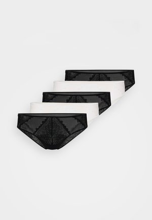 Svartvit spetsunderkläder set, med genomskinligt tyg, blommönster och vågig kant. Fyra par ingår, varierande i färg.