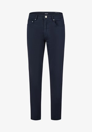 Navy blue trousers made of cotton blend. Slim fit, five-pocket design, featuring a button closure and zip fly. Smooth texture, no patterns.