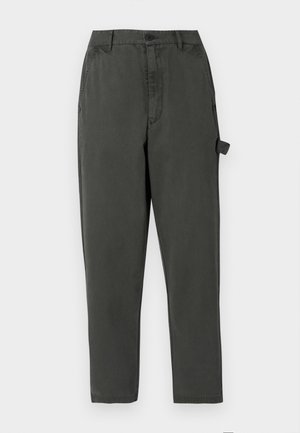 Dark green trousers made from a smooth fabric, featuring a straight cut, front button closure, and a side cargo pocket.