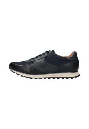 Navy sneakers with a combination of mesh and leather materials, featuring a textured upper, smooth leather accents, and a rubber sole.