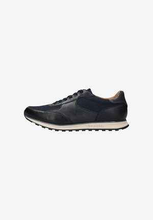 Navy sneakers with a combination of mesh and leather materials, featuring a textured upper, smooth leather accents, and a rubber sole.