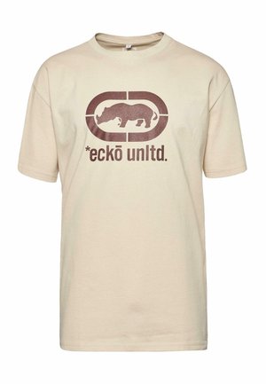 Beige cotton t-shirt with short sleeves, featuring a brown graphic design of a rhino and the text “*eckō unlt.” centered on the front.