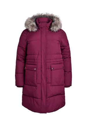 Manteau en duvet bourgogne avec un col en fausse fourrure, fermeture éclair à l'avant avec boutons-pression et deux poches latérales. Texture épaisse et matelassée pour l'isolation.