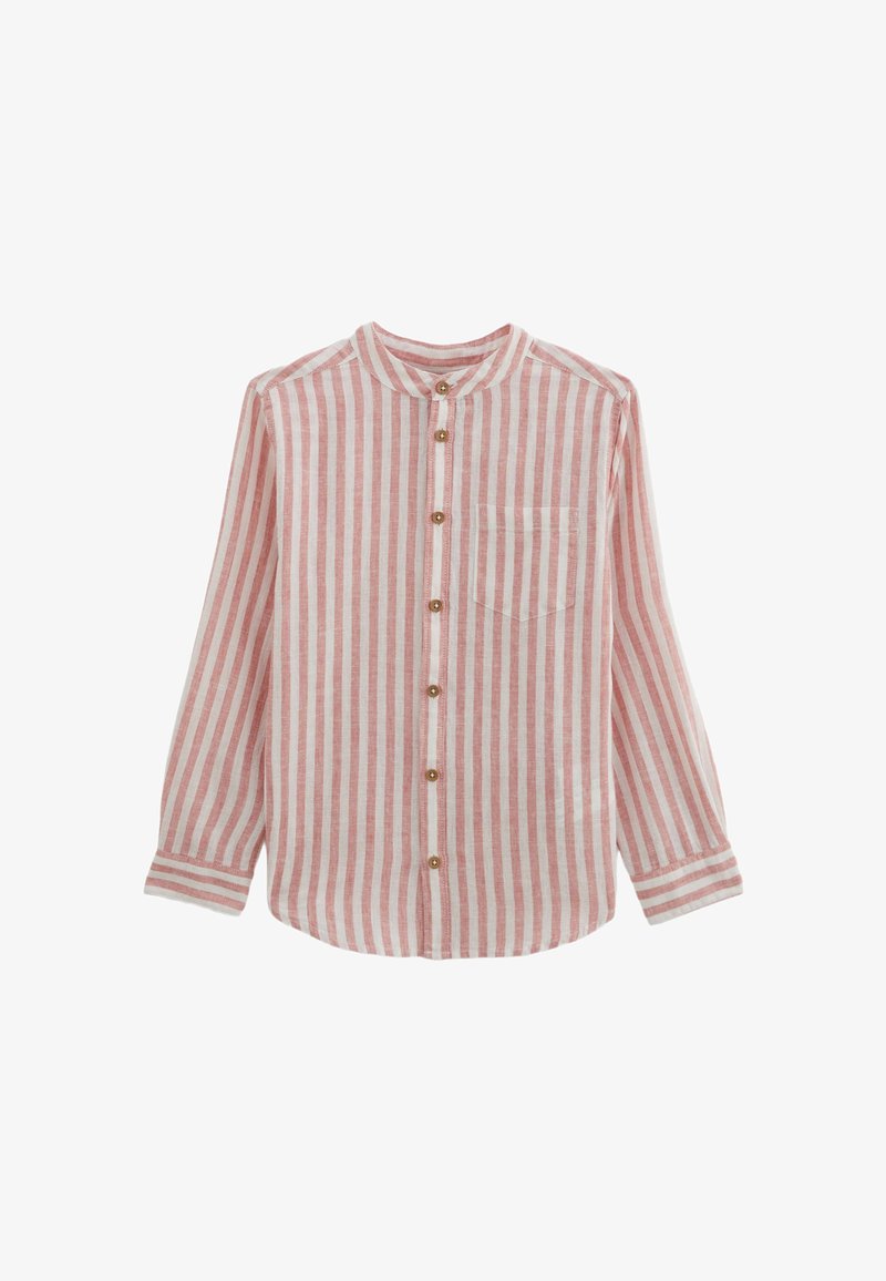Chemise rayée en tissu léger, avec des rayures verticales rouge et blanche, un col rond, une fermeture à boutons sur le devant et une poche poitrine.