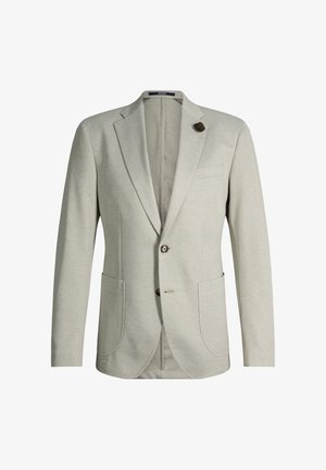 Blazer homme gris clair texturé avec revers crantés, deux poches plaquées à l'avant, deux boutons et une épingle décorative sur le revers gauche.