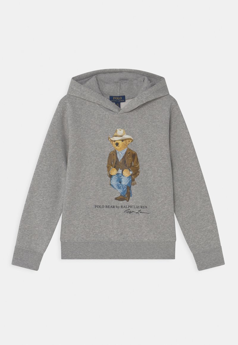 Grauer Hoodie aus Baumwolle mit einer Cartoon-Bärenillustration in Cowboy-Outfit, inklusive Hut und Stiefeln, Logo darunter gedruckt.