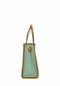 Borsa a tracolla in pelle verde con finiture e manico marroni. Presenta una chiusura in tonalità dorata e una forma distintiva a punta.