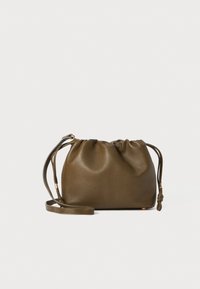 Olive green leather bag with drawstring closure, a flat base, and a removable shoulder strap. Features soft texture and rounded shape.