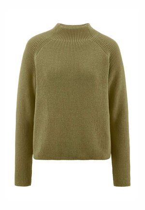 Pull en tricot vert olive avec un col montant, texture côtelée et manches longues ; présente des coutures d'épaule raglan pour un meilleur confort de mouvement.