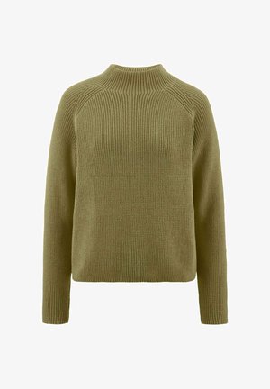 Olijfgroene gebreide trui met een hoge hals, geribbelde textuur en lange mouwen; heeft raglan schoudernaden voor extra bewegingsvrijheid.