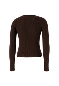 Maglione a maniche lunghe marrone a coste, design aderente, tessuto testurizzato, scollatura rotonda, stile semplice, orlo non elastico, superficie liscia.
