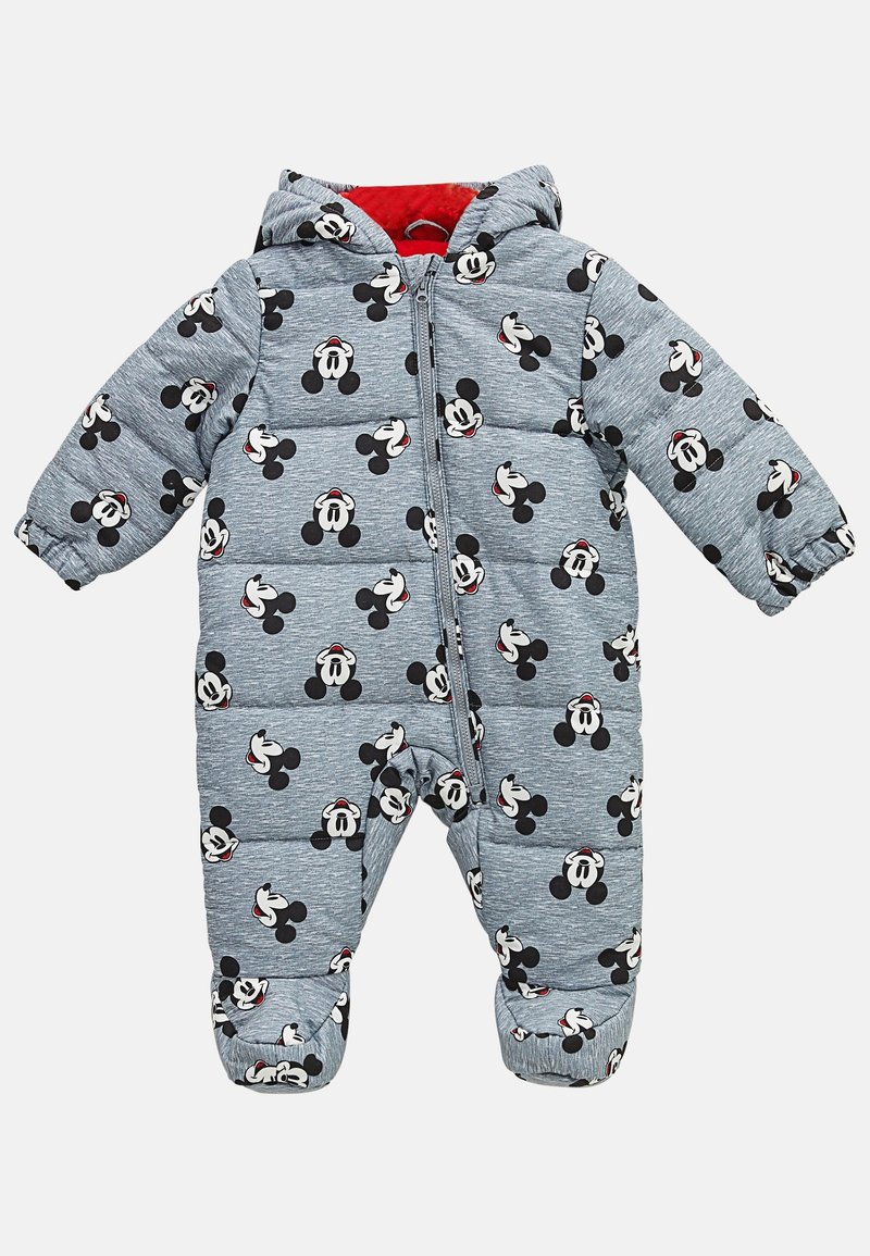 Combinaison bébé rembourrée grise avec capuche, présentant un motif intégral de visages souriants de Mickey Mouse et une doublure intérieure rouge.