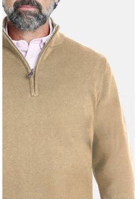 Suéter beige con cremallera y cuello alzado, hecho de un tejido de punto texturizado. Cuenta con una cremallera plateada y se lleva encima de una camisa rosa claro.