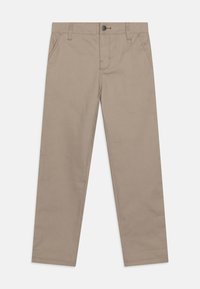 Beige Baumwollhosen mit geradem Bein, ausgestattet mit Fronttaschen, einem Knopfverschluss und dezenten Nähdetails.