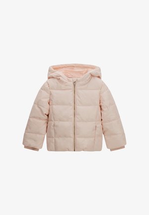 Gepolsterte rosa Jacke mit Kapuze, ausgestattet mit einem Reißverschluss vorne und zwei Seitentaschen. Hergestellt aus weichem Material mit gestepptem Design.