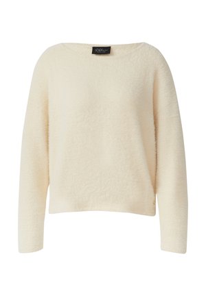 Pull en laine longue à manches crème, avec un col bateau et une petite étiquette de marque noire à l'intérieur du col.