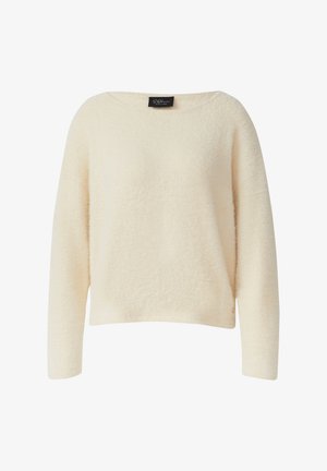 Cream-colored long-sleeve fuzzy sweater with a boat neckline and a small black brand label inside the collar.