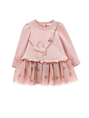 Vestito rosa a maniche lunghe per bambino con gonna di tulle floreale, borsetta a forma di cuore e grafica di fiocco rosa, e stampa di rosa sul petto.