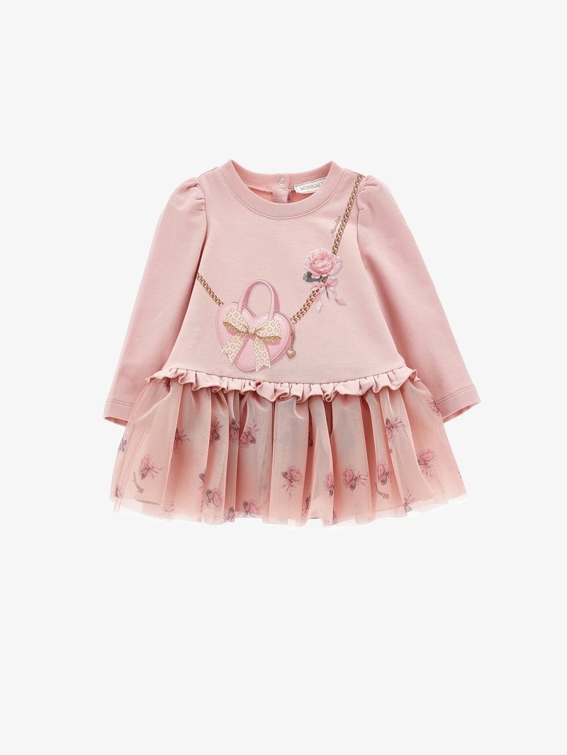 Robe rose à manches longues pour tout-petit avec jupe en tulle florale, sac en forme de cœur et motif nœud rose, ainsi qu'une impression de rose sur la poitrine.