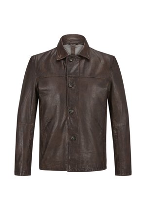 Braune Lederjacke mit Kragen und fünf Knöpfen auf der Vorderseite, ausgestattet mit zwei seitlichen Taschen und einer glatten Textur. Klassisches Design mit genähten Details.