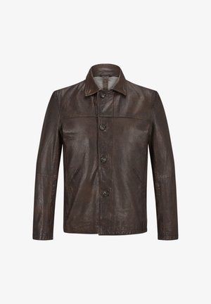 Braune Lederjacke mit Kragen und fünf Knöpfen auf der Vorderseite, ausgestattet mit zwei seitlichen Taschen und einer glatten Textur. Klassisches Design mit genähten Details.