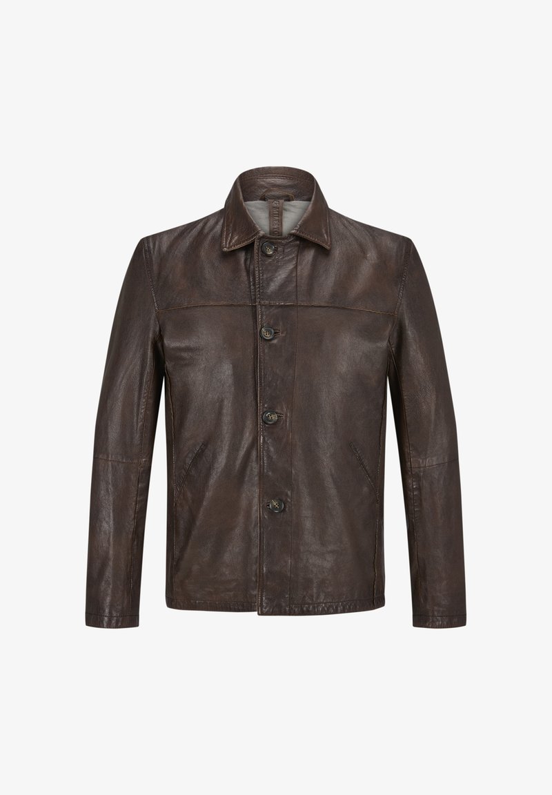 Braune Lederjacke mit Kragen und fünf Knöpfen auf der Vorderseite, ausgestattet mit zwei seitlichen Taschen und einer glatten Textur. Klassisches Design mit genähten Details.