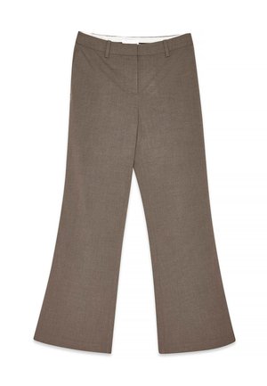 Pantalons évasés marron en tissu texturé, avec une taille plate, des passants de ceinture et une coupe classique. Lignes épurées et ajustées tout au long.