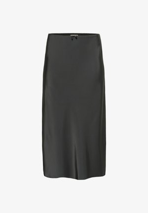 Black satin pencil skirt with a smooth texture, featuring a delicate lace trim at the waist and a small bow accent on the back.