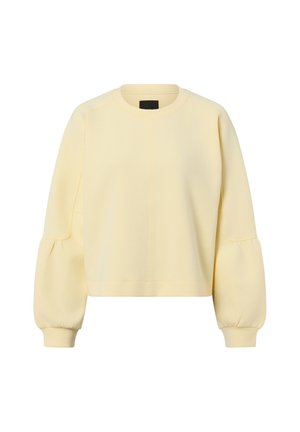 Bladożółty sweatshirt z okrągłym dekoltem, długimi bufkowatymi rękawami i dopasowanymi mankietami, o prostym, czystym designie.