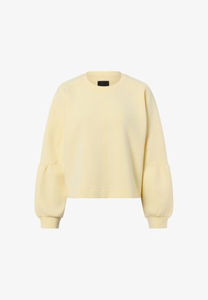 Bladożółty sweatshirt z okrągłym dekoltem, długimi bufkowatymi rękawami i dopasowanymi mankietami, o prostym, czystym designie.